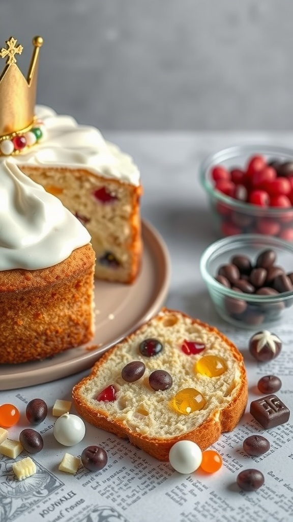 A decorated King Cake with colorful sprinkles and a crown on top, sliced to show sweet fillings inside.