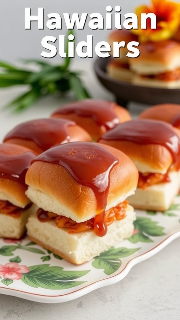 Delicious Hawaiian sliders topped with sweet glaze, ready to serve.