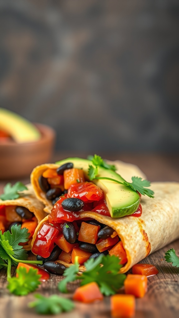 Sweet Potato and Black Bean Burritos with avocado and cilantro, ready to be enjoyed.