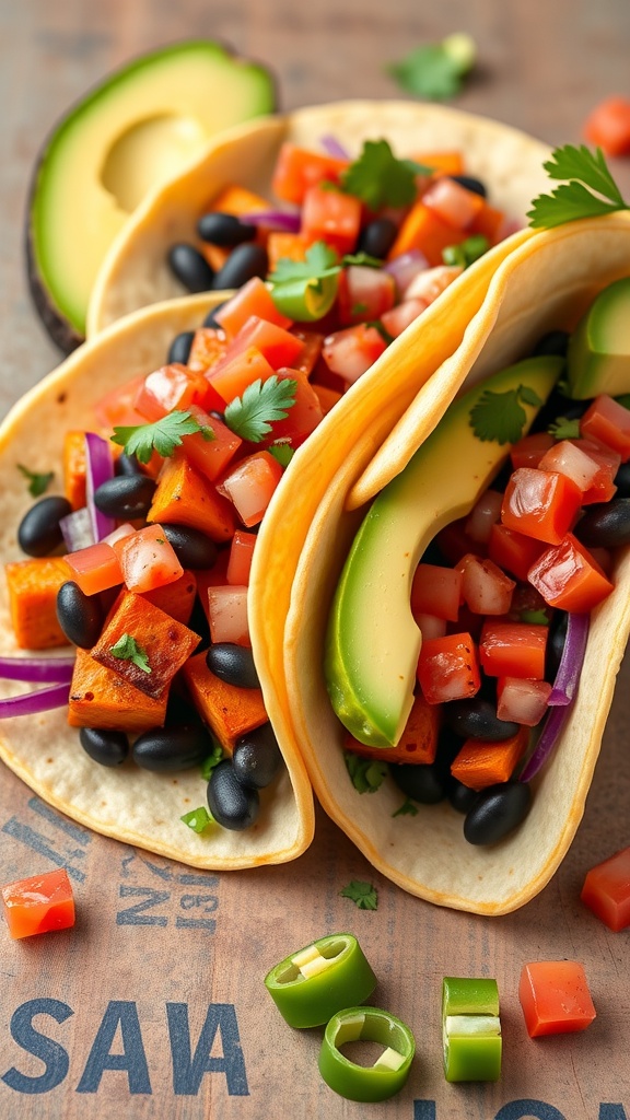 Sweet potato and black bean tacos with avocado and salsa