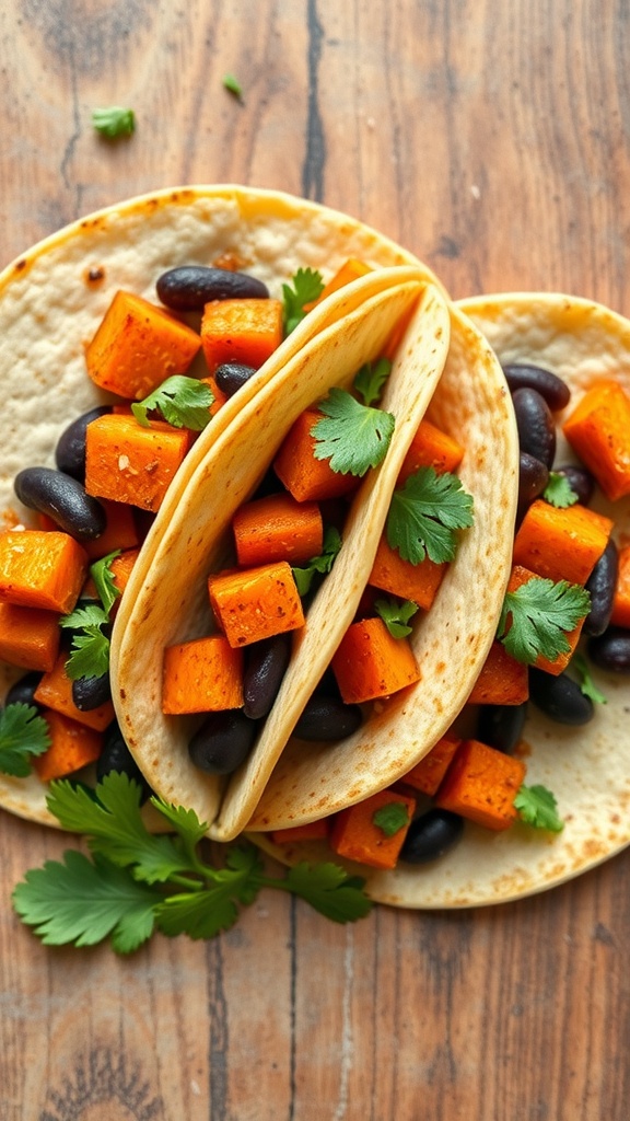 Sweet potato and black bean tacos garnished with cilantro