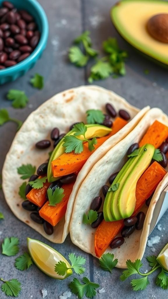 Sweet potato and black bean tacos garnished with avocado and cilantro.