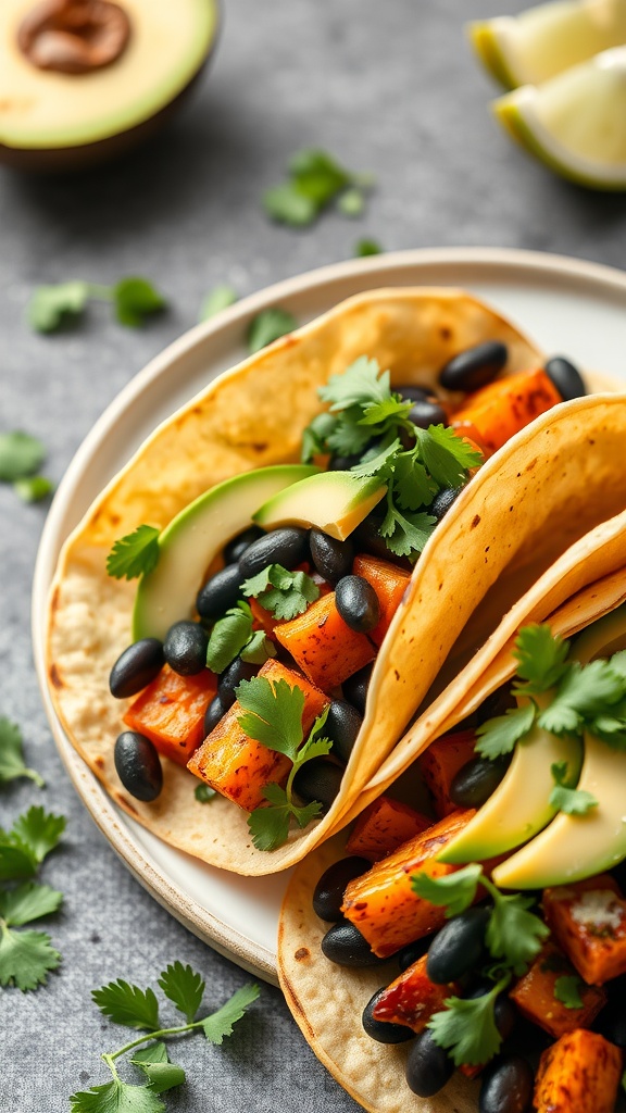 Delicious sweet potato and black bean tacos topped with avocado and cilantro on a plate.