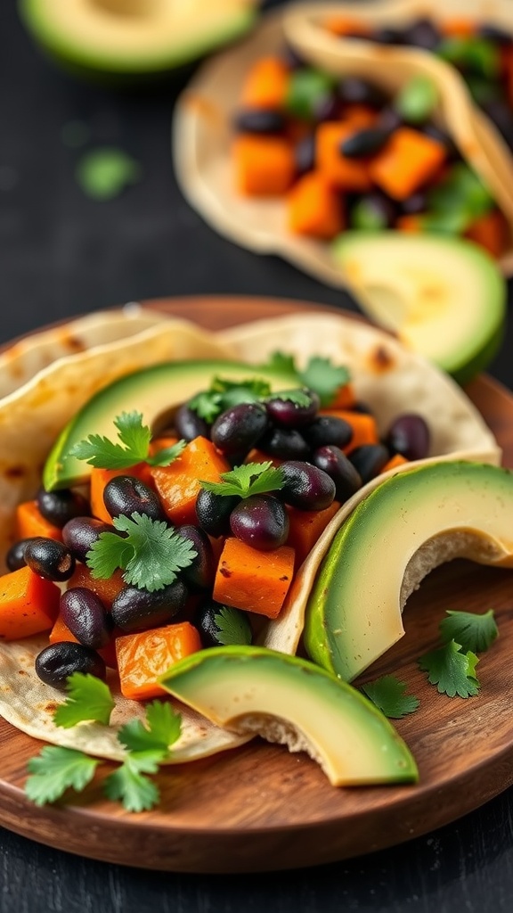 Delicious sweet potato and black bean tacos topped with avocado and cilantro