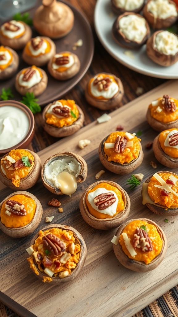 Stuffed mushrooms filled with sweet potato and cream cheese, garnished with pecans.