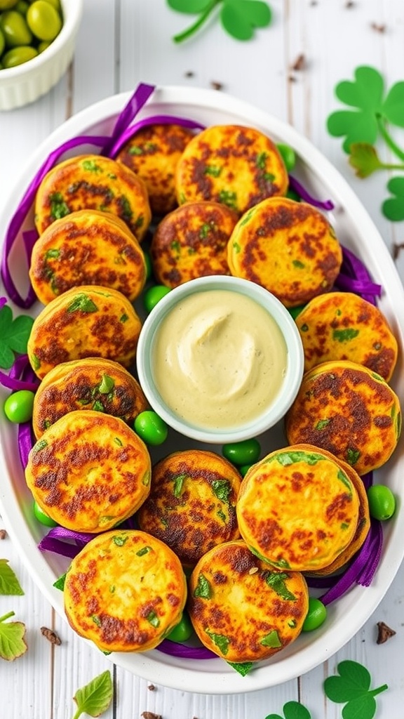 A platter of golden-brown Sweet Potato and Kale Bites served with a creamy dip.