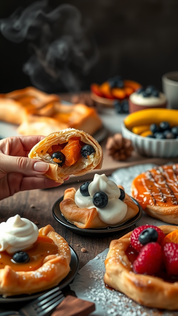 Deliciously baked sweet potato and maple puff pastries on a wooden table, showcasing their golden flaky texture.