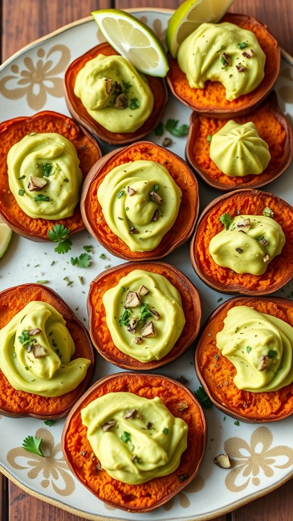 A plate of sweet potato bites topped with creamy avocado and garnished with nuts and lime.