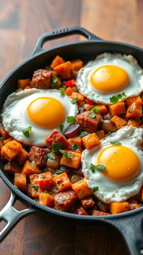 A skillet filled with sweet potato hash topped with eggs