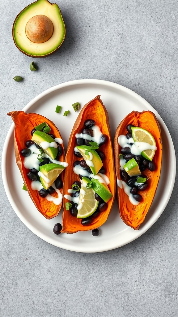 Plate of sweet potato skins filled with black beans, topped with lime and green onions.
