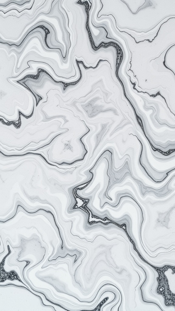 A photorealistic marble texture featuring swirling veins in white and gray tones with a high-gloss finish.