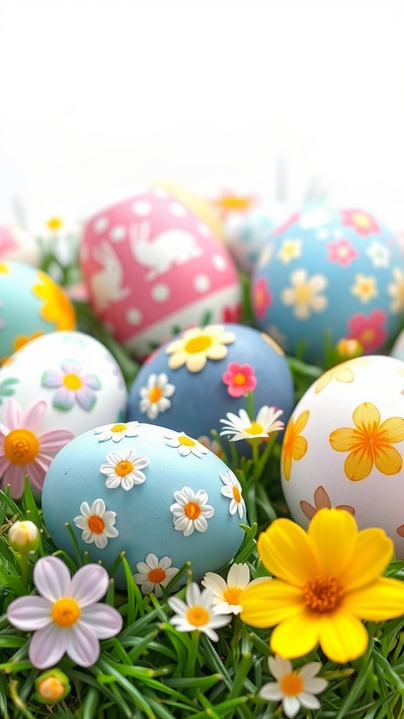 Colorful Easter eggs decorated with flowers and patterns, symbolizing the spirit of Easter.