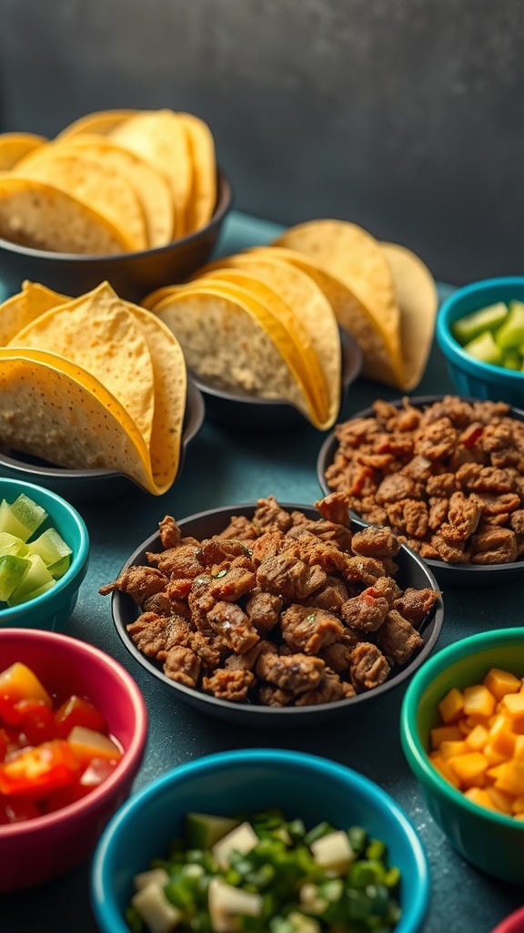 A variety of taco ingredients and toppings for a taco bar setup.
