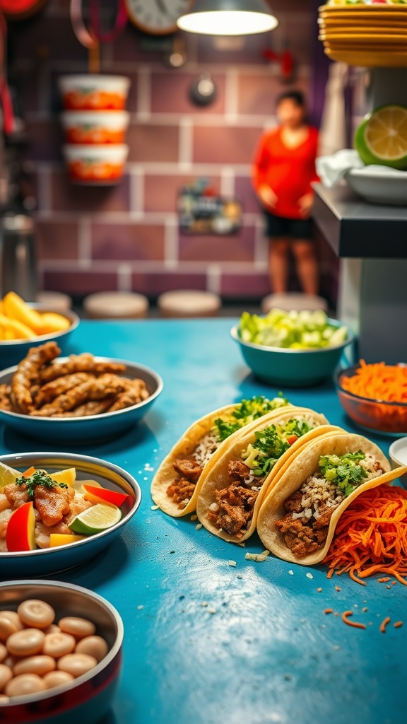 A colorful taco bar setup featuring tacos, various toppings, and ingredients for a game day meal.