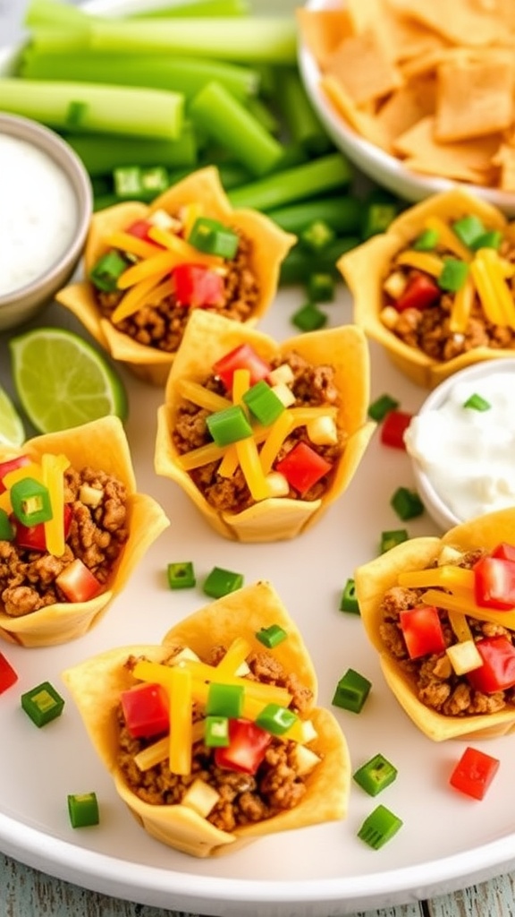 A platter of taco cups filled with ground beef, cheese, and fresh toppings.