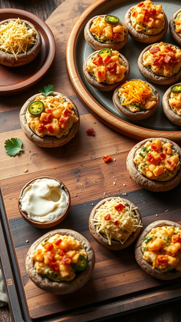 Delicious taco inspired cream cheese stuffed mushrooms on a wooden platter.