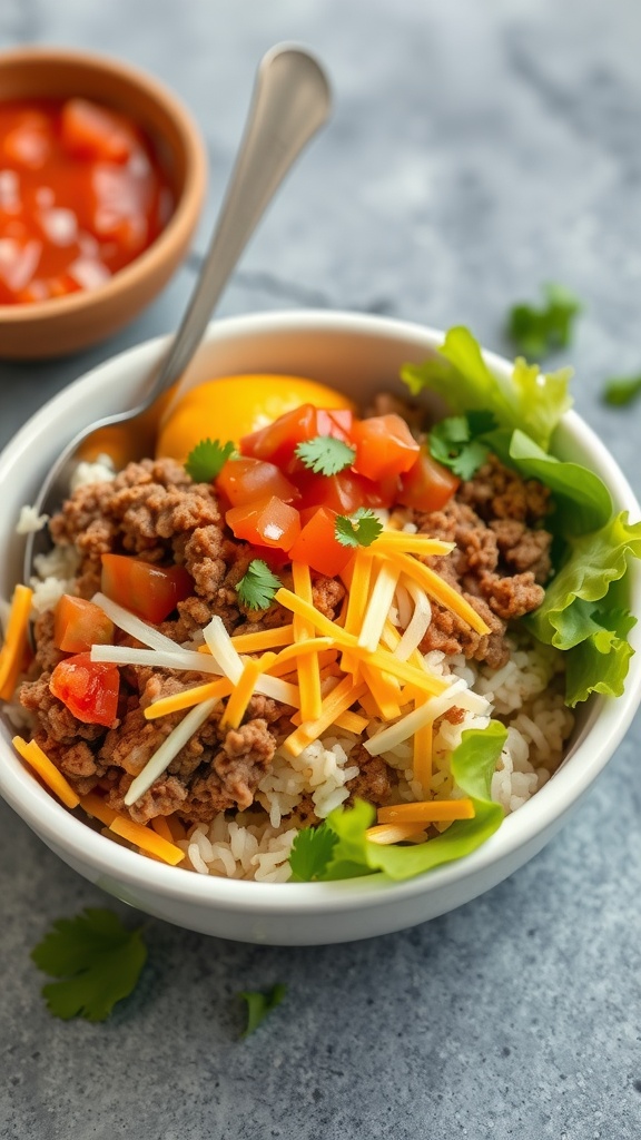 A delicious taco rice bowl with ground beef, rice, cheese, and fresh toppings.