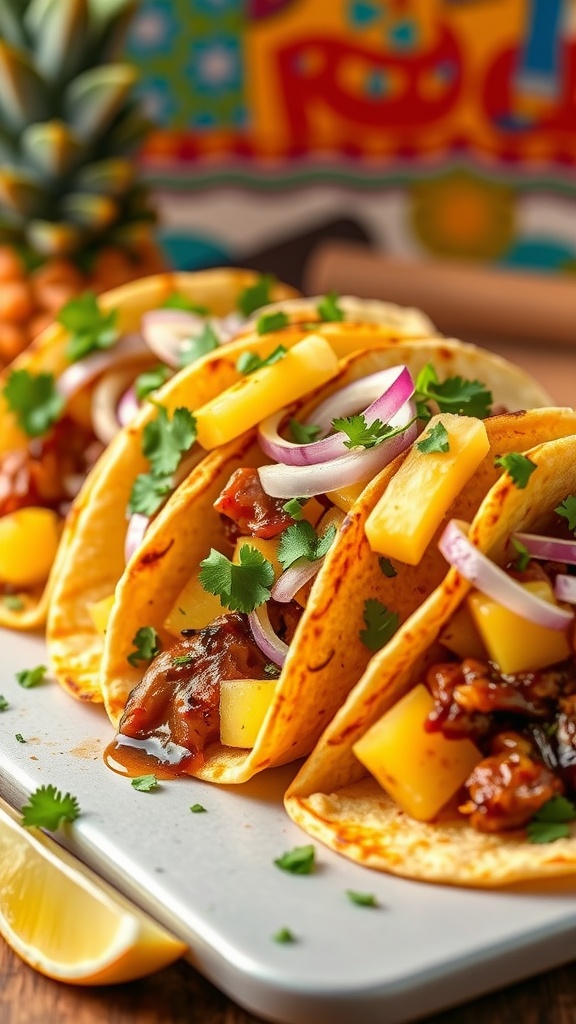 Delicious tacos al pastor topped with pineapple, onion, and cilantro