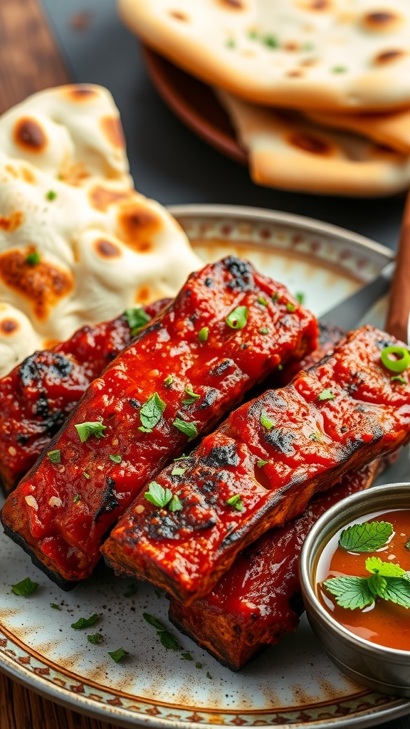 Tandoori BBQ ribs garnished with cilantro, served with naan.