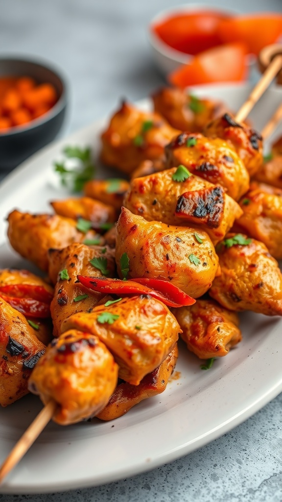 Delicious Tandoori Chicken Skewers garnished with cilantro and served on a platter