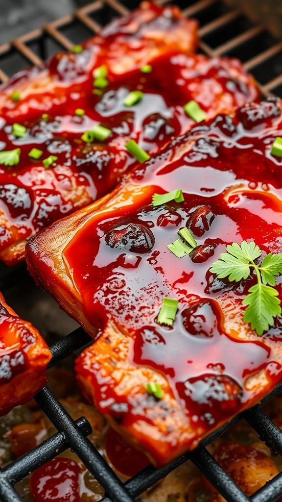 Tangy BBQ Pork Spare Ribs on a grill