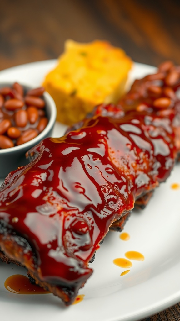 Tangy BBQ sauce ribs with sides of baked beans and cornbread