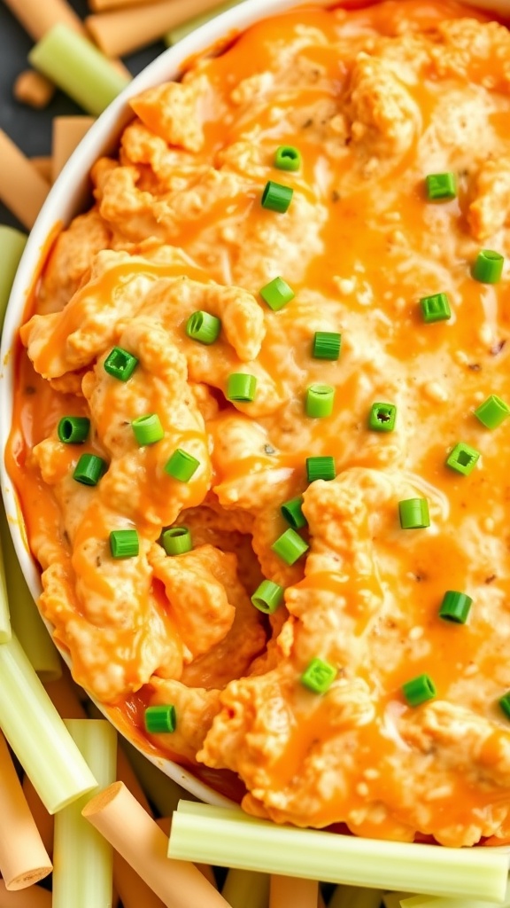 Tangy Buffalo Chicken Dip in a bowl surrounded by celery and chips