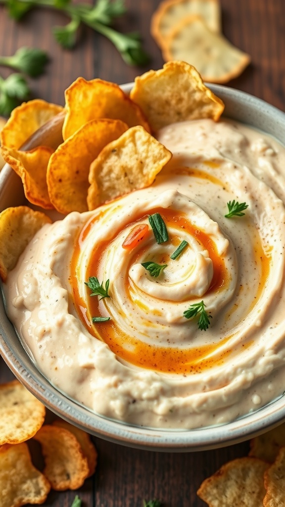 A bowl of creamy tangy French onion dip garnished with herbs, served with crunchy chips.