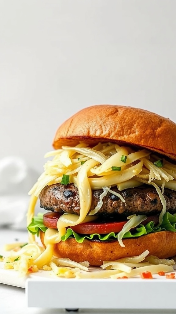 A delicious Reuben Corned Beef Cheese Burger with tangy sauerkraut, melted cheese, and fresh toppings.