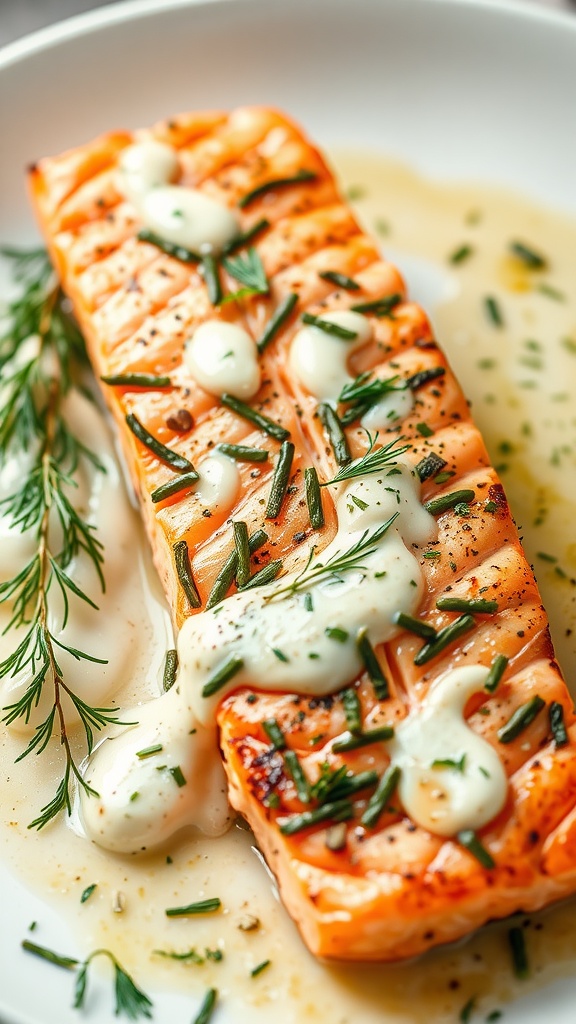 A succulent piece of salmon garnished with dill sauce, displaying a fresh, appetizing appearance.