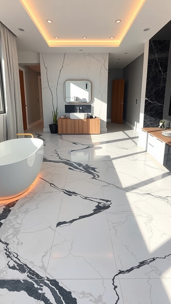 Luxurious bathroom with heated marble floors, elegant bathtub, and modern decor