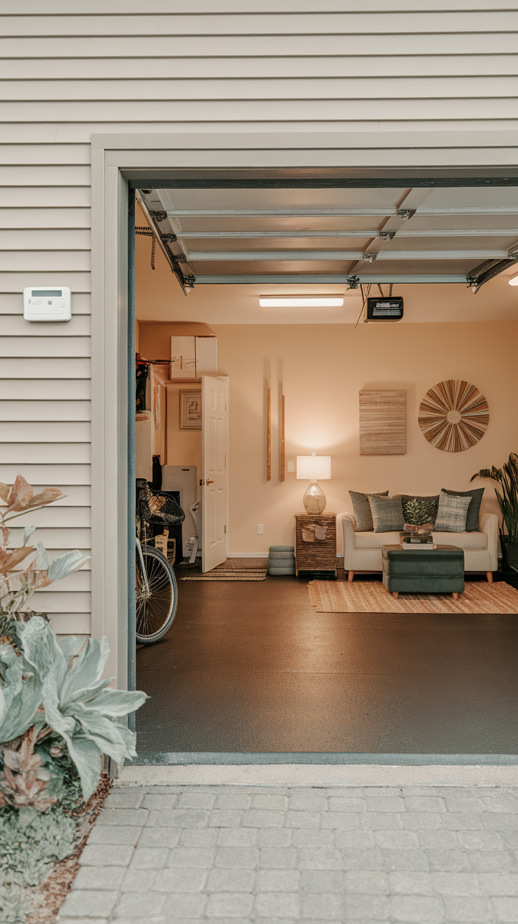 A cozy garage with epoxy flooring, plants, and comfortable furniture, showcasing a warm and inviting atmosphere.