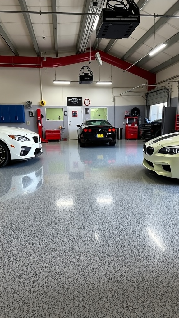 Thermometer showing temperature in a garage with epoxy flooring and a car in the background