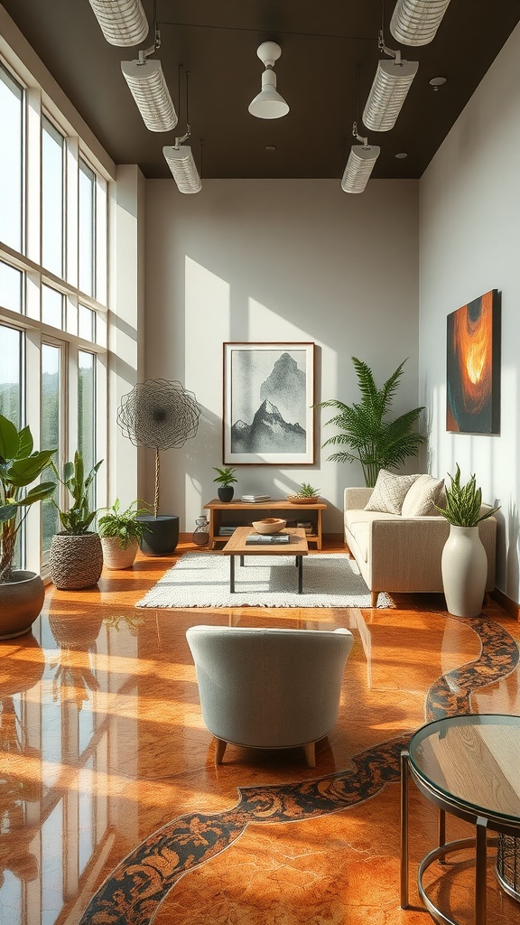 Bright room featuring epoxy flooring, natural light highlighting its smooth surface.