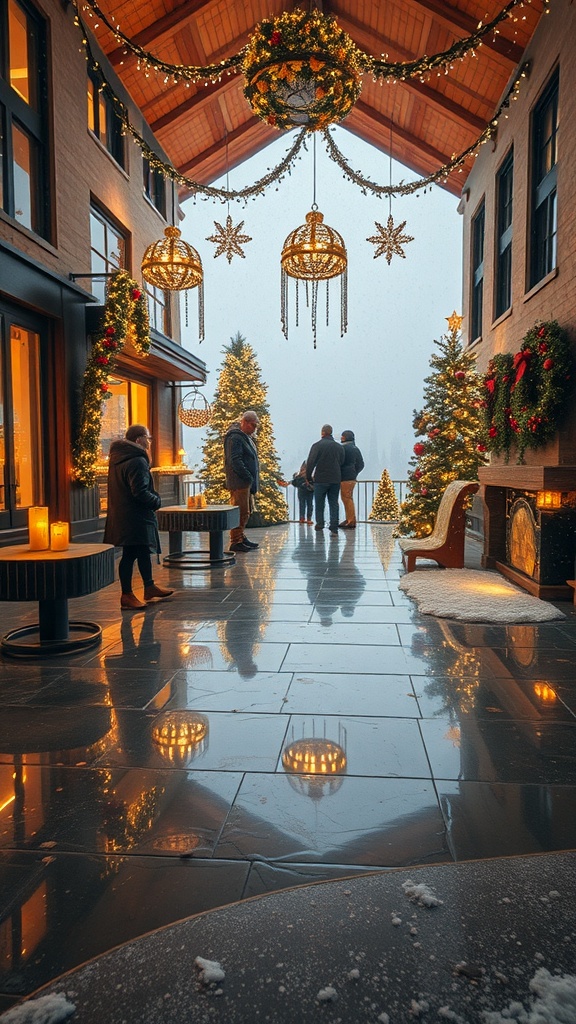 A beautifully decorated holiday gathering space with epoxy floors, featuring chandeliers, Christmas trees, and warm lighting.