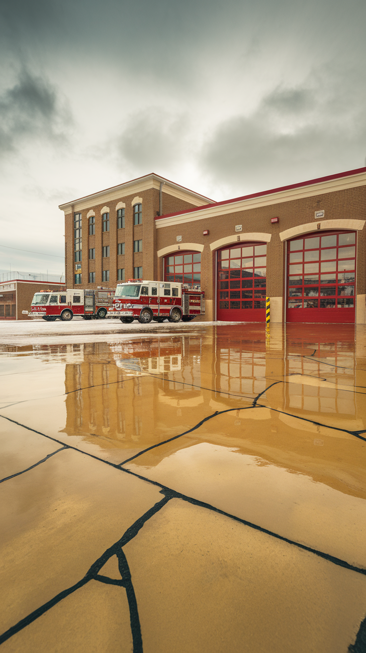 Fire department building with reflection on epoxy coated floor