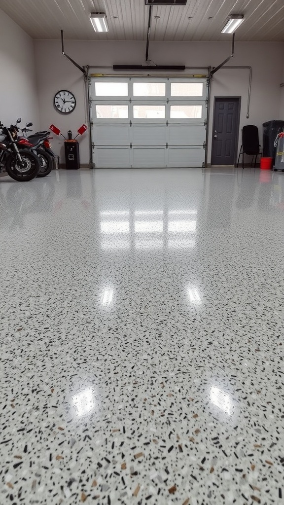 A sleek speckled epoxy garage floor with a black car parked inside.