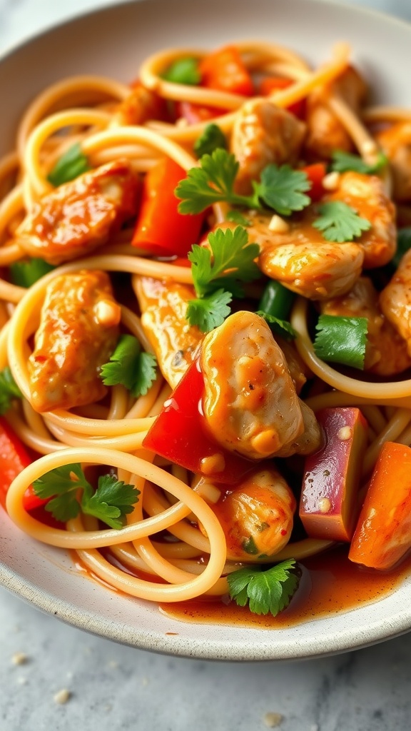 A bowl of Teriyaki Chicken Pasta with colorful vegetables and garnished with green herbs.