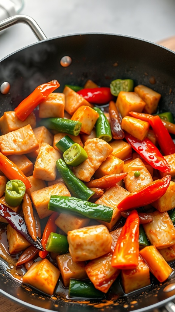 A vibrant and colorful stir-fry featuring chicken pieces and assorted vegetables in a teriyaki sauce.