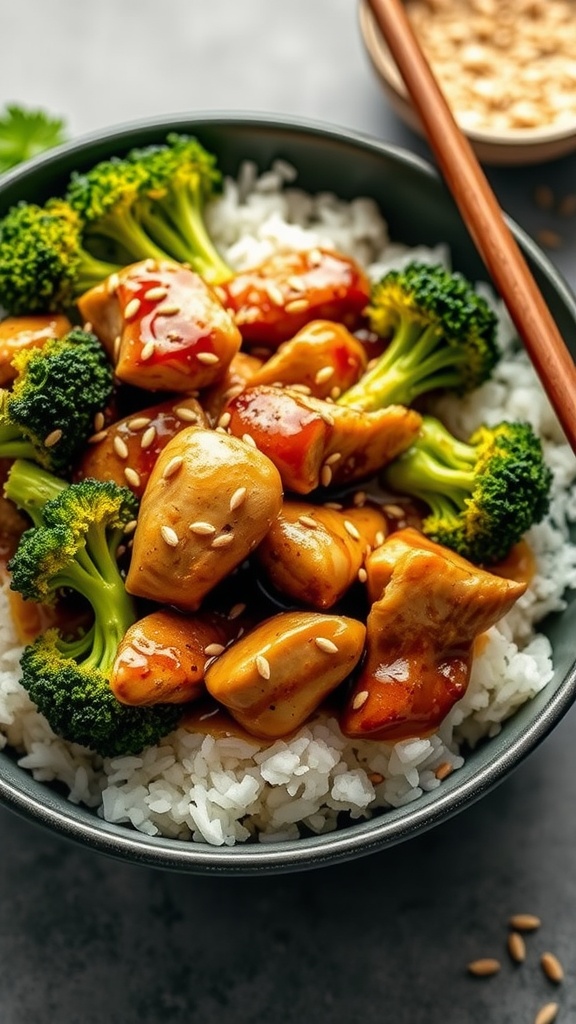 A bowl of teriyaki chicken with broccoli served on rice, garnished with sesame seeds.