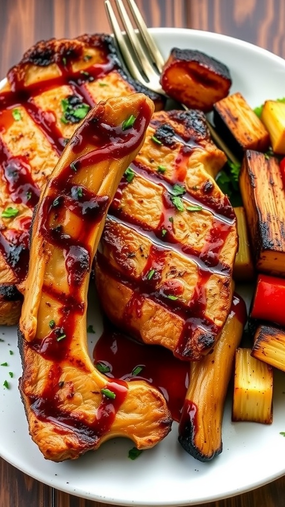 Grilled pork chops with teriyaki glaze and vegetables
