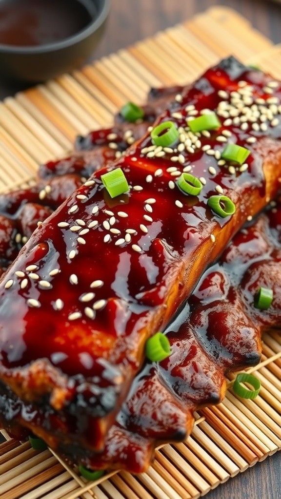 Teriyaki glazed ribs garnished with sesame seeds and green onions