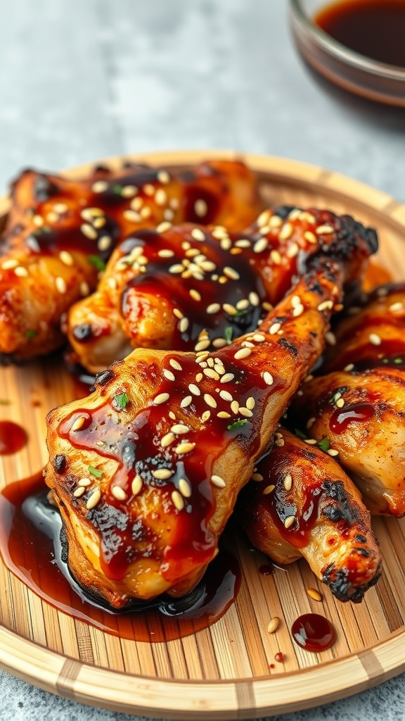 Grilled chicken thighs drizzled with teriyaki sauce and topped with sesame seeds.