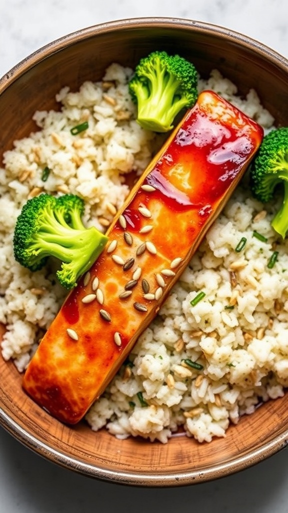 Teriyaki salmon served with rice and broccoli in a bowl.