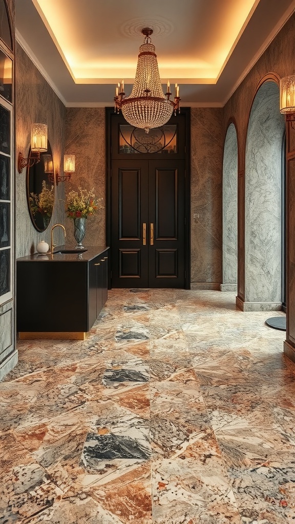 Terrazzo-inspired luxurious epoxy flooring with a modern design showcasing intricate patterns and reflections.
