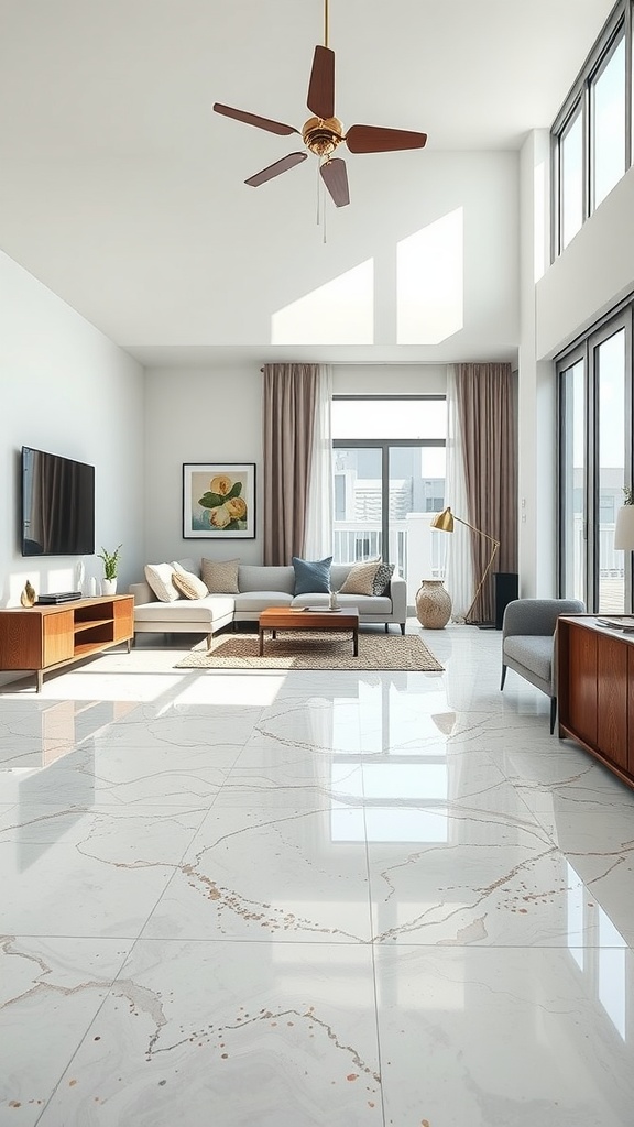 A bright living room with a terrazzo epoxy floor, featuring a modern design and ample natural light.