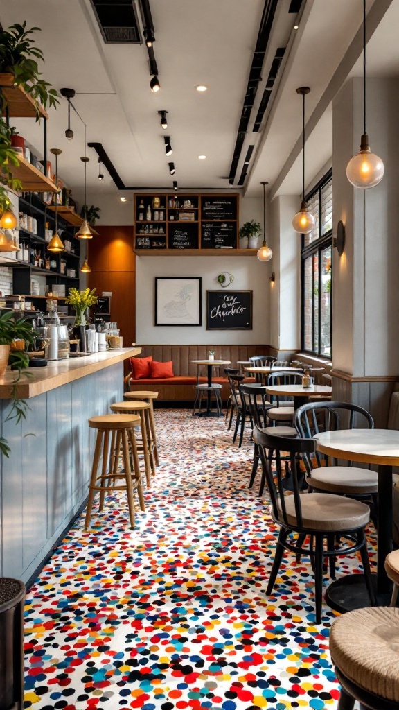 A vibrant café interior featuring a terrazzo-inspired epoxy floor with colorful patterns.
