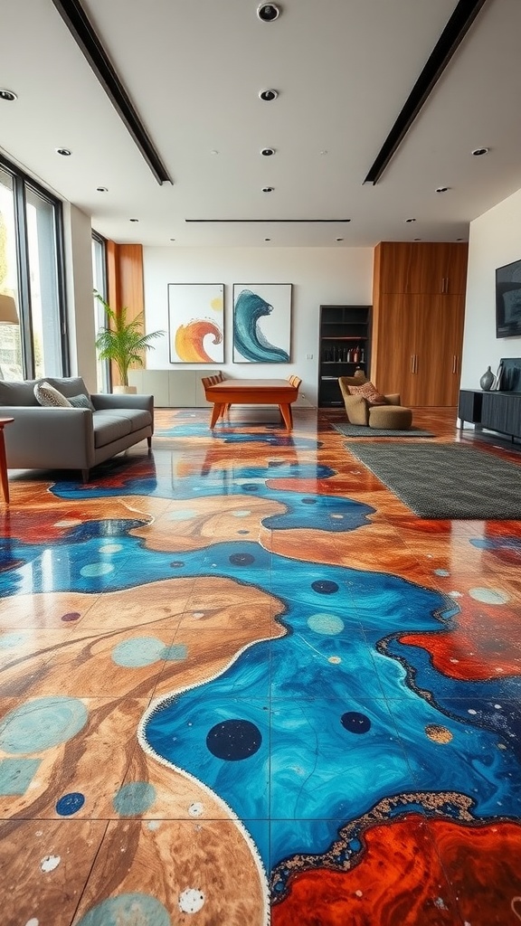 A modern living room featuring a colorful terrazzo style epoxy floor.