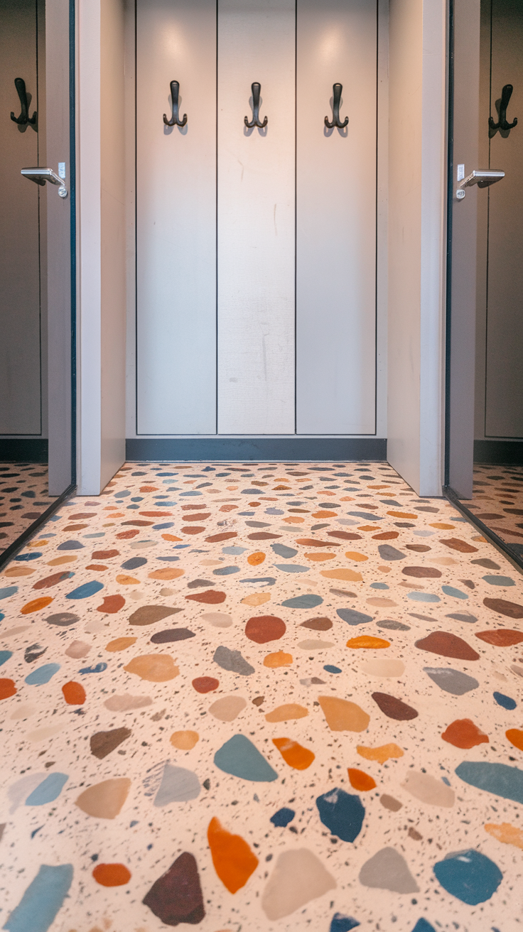 A terrazzo style epoxy floor with colorful chips in a hallway.