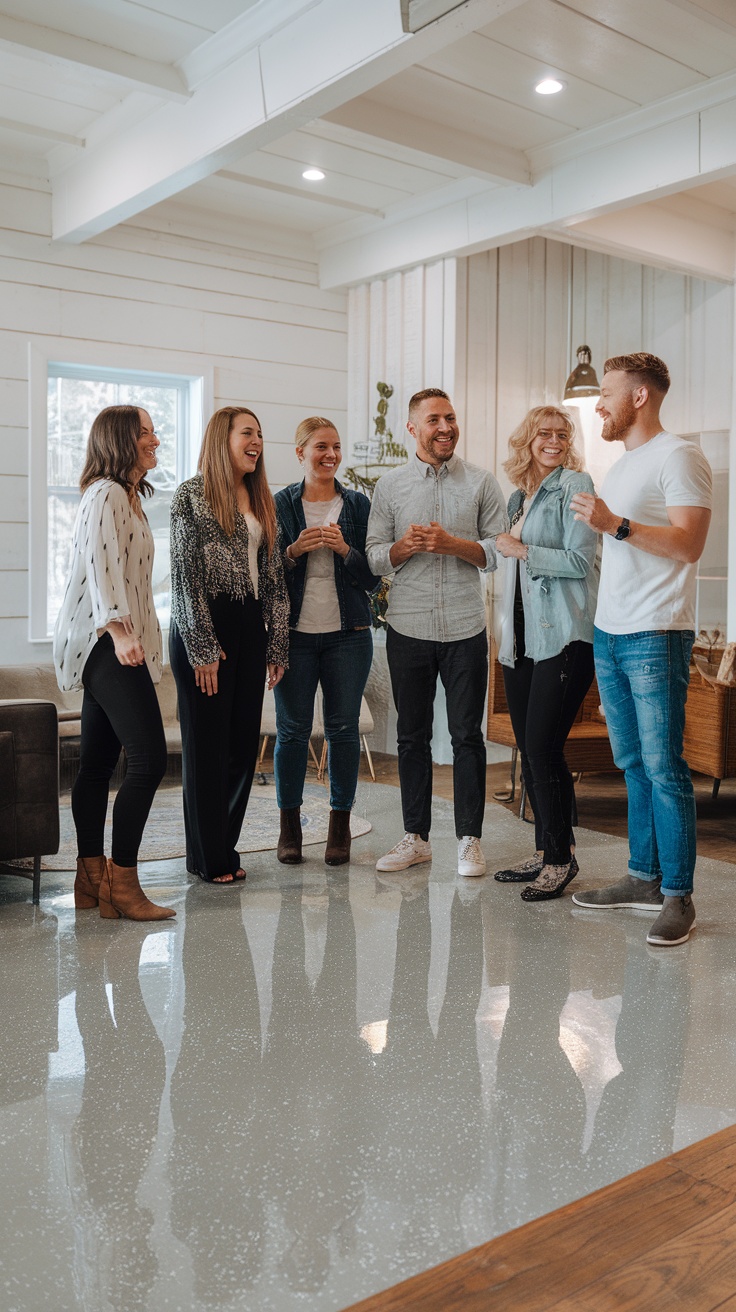 A group discussing epoxy flooring in a well-lit interior with vibrant epoxy floors.